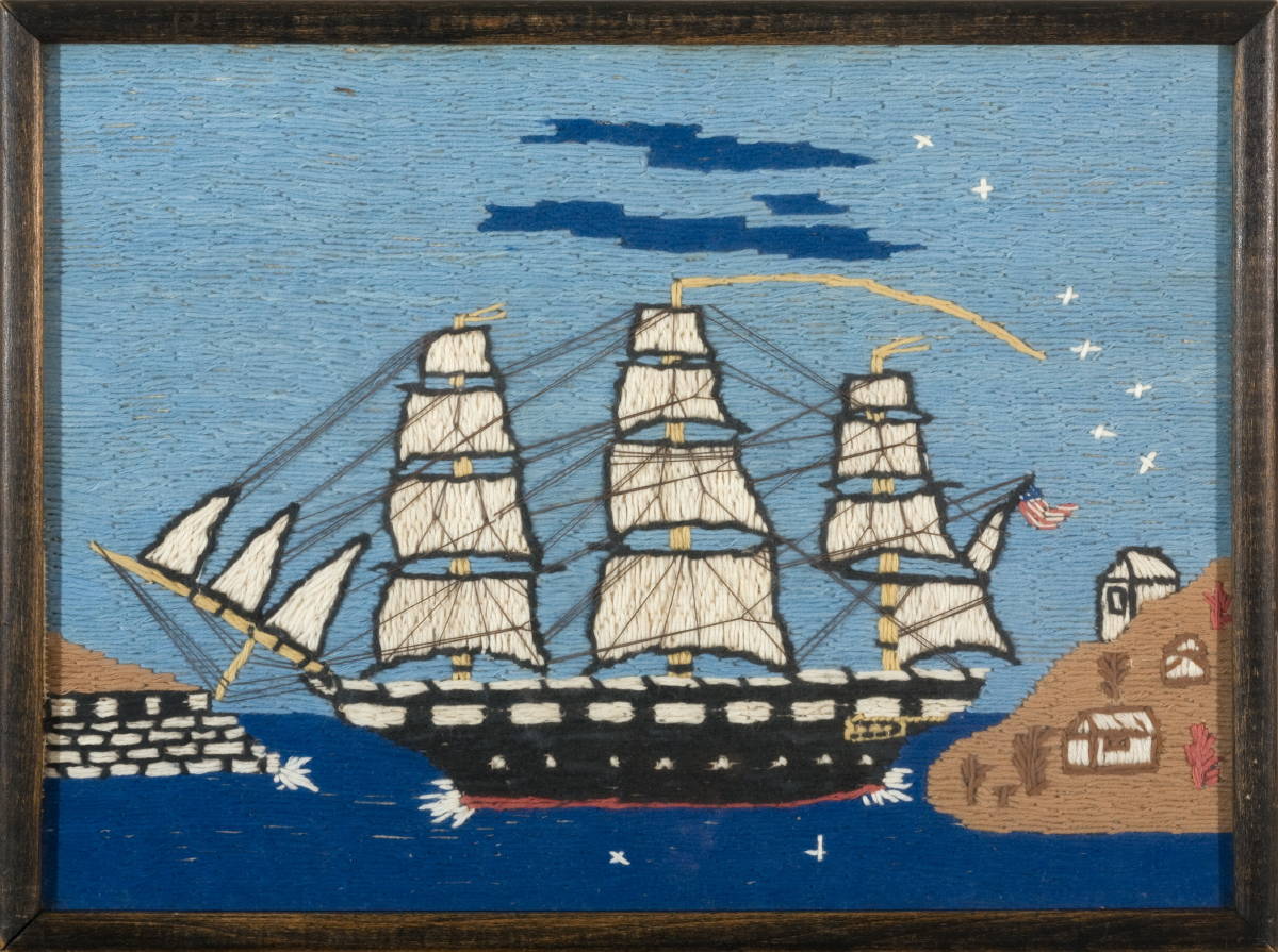 Appraisal: SMALL WOOLWORK PICTURE OF AN AMERICAN FRIGATE Frame size x