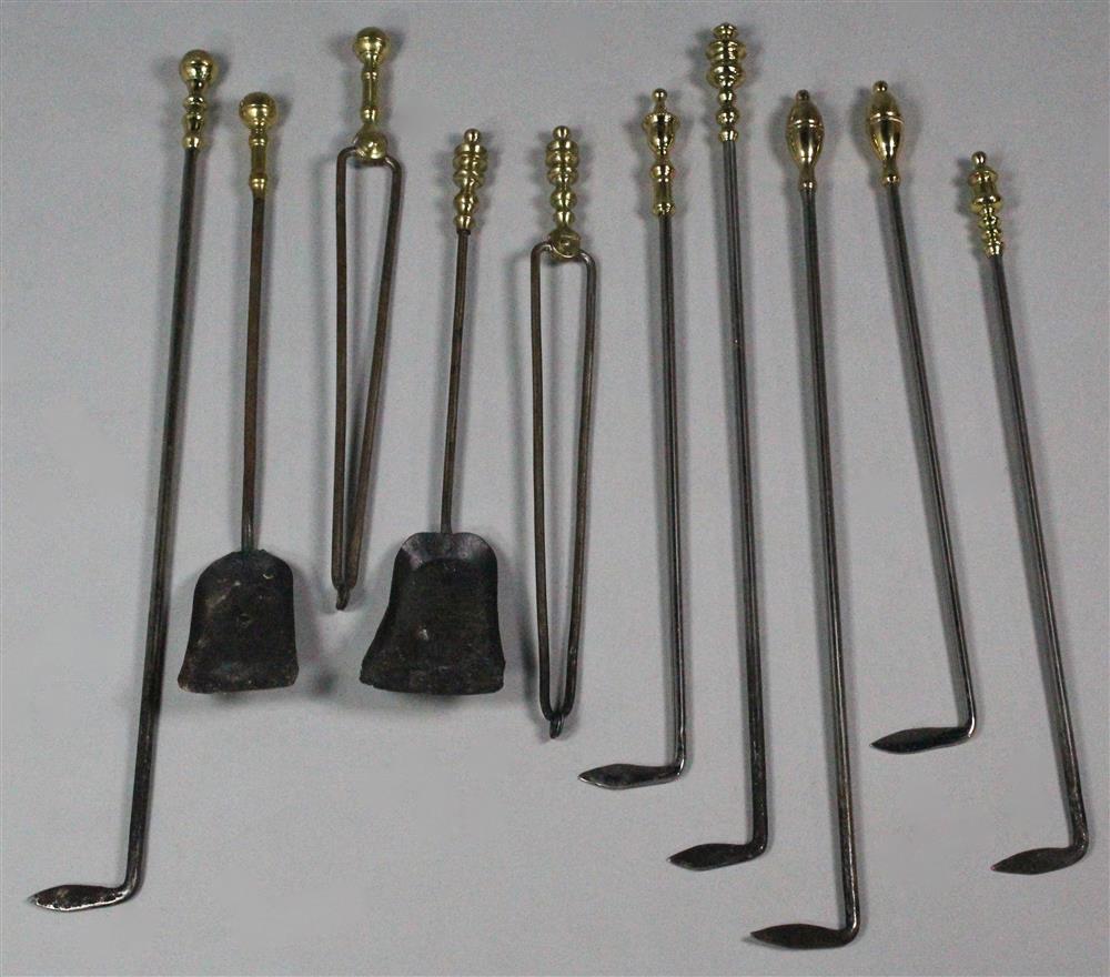 Appraisal: MIXED GROUP OF TEN BRASS AND IRON FIREPLACE TOOLS including