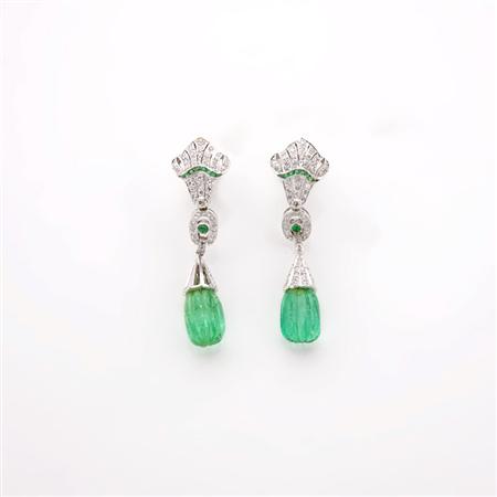 Appraisal: Pair of Diamond and Fluted Emerald Pendant-Earrings Estimate -