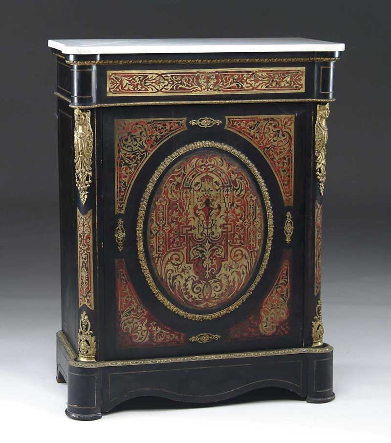 Appraisal: ORMOLU MOUNTED EBONIZED AND BOULLE MARBLE TOP SIDE CABINET Shaped