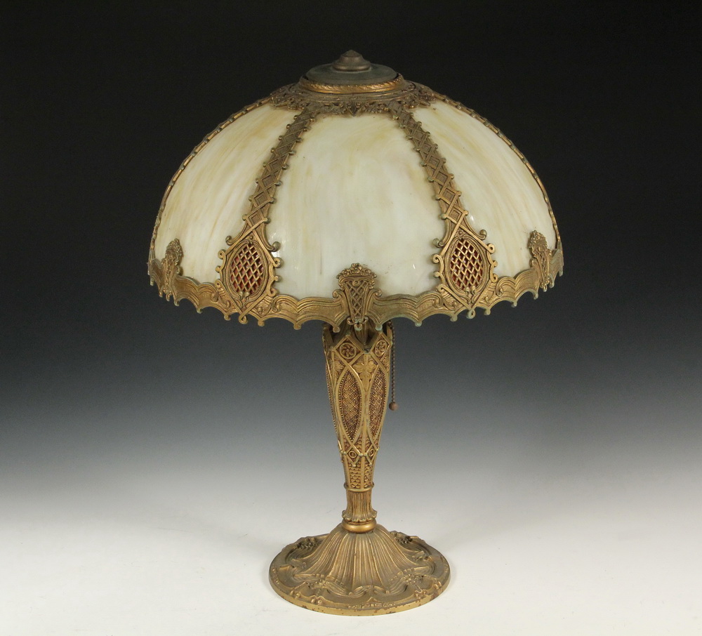 Appraisal: SLAG GLASS LAMP - Salem Brothers circa Arts Crafts Spelter