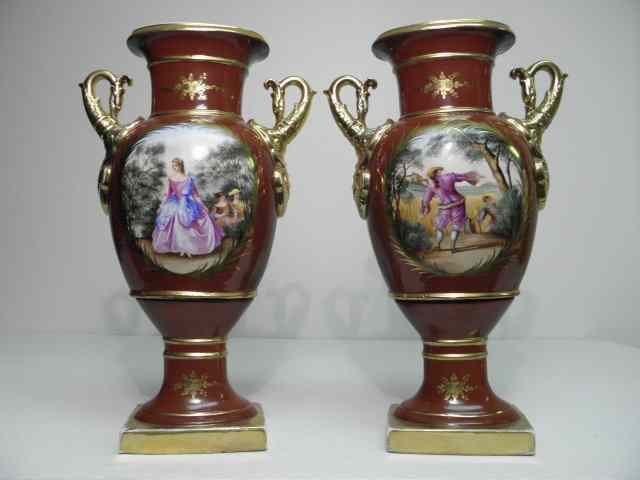 Appraisal: Pair of Old Paris hand painted porcelain urns In the