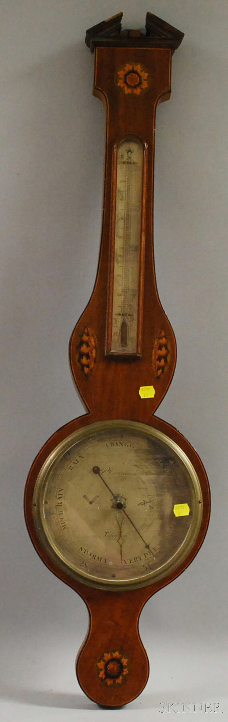 Appraisal: P Caminada Taunton Inlaid Mahogany Wheel Barometer bezel cracked lacking