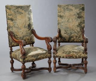 Appraisal: Pair of French Louis XIII Style Carved Oak Fauteui Pair