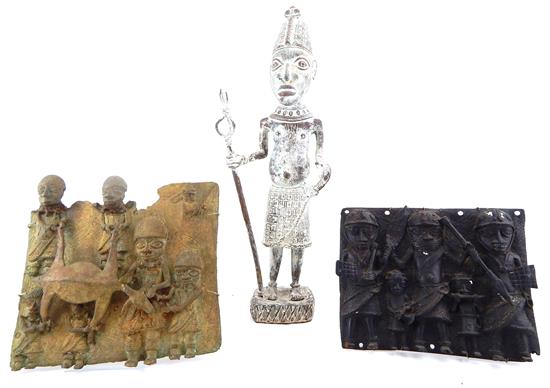 Appraisal: TRIBAL Two bronze Benin tribe plaques and one bronze statue