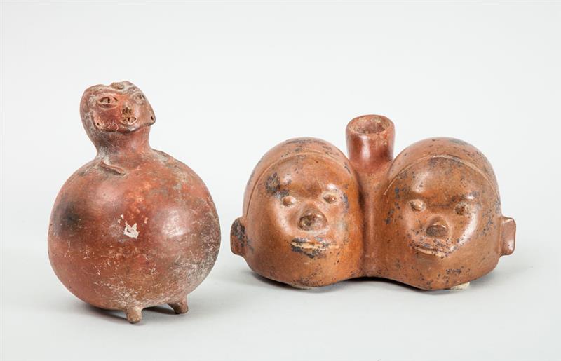 Appraisal: PRE-COLUMBIAN STYLE POTTERY TWO-HEADED VESSEL AND ANOTHER POTTERY VESSEL The