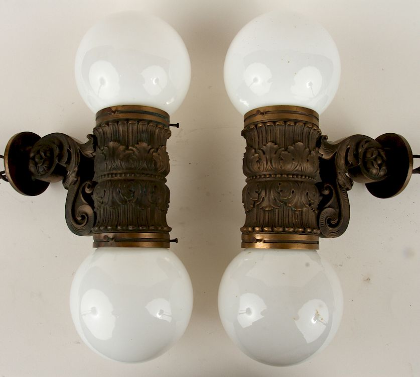 Appraisal: PAIR LATE TH C BRONZE SCONCES MILK GLASS SHADES A