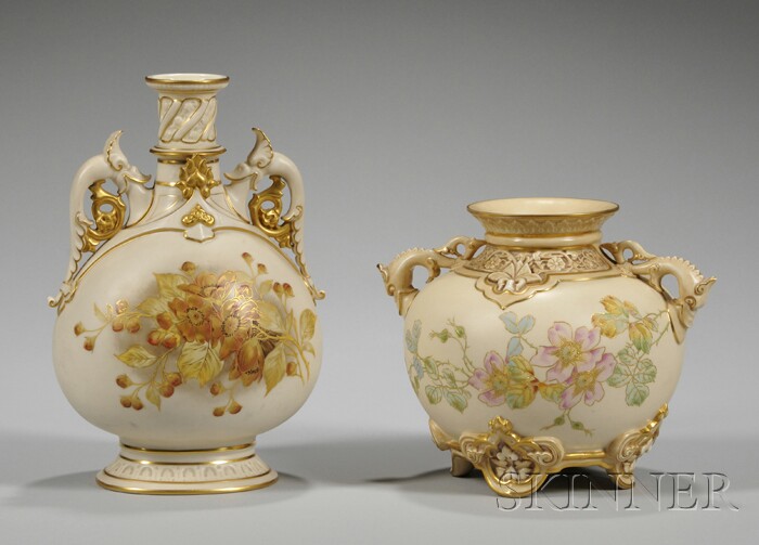 Appraisal: Two Royal Worcester Gilt and Hand-painted Floral-decorated Porcelain Vases stamped