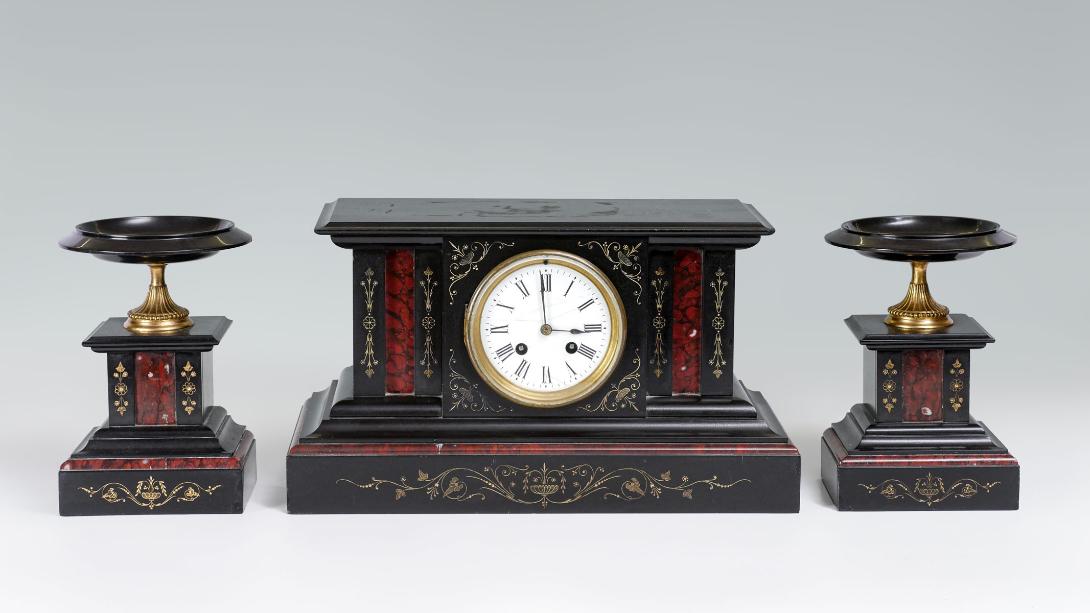 Appraisal: PC MARBLE JAPE FRERES CLOCK GARNITURE SET -piece clock garniture