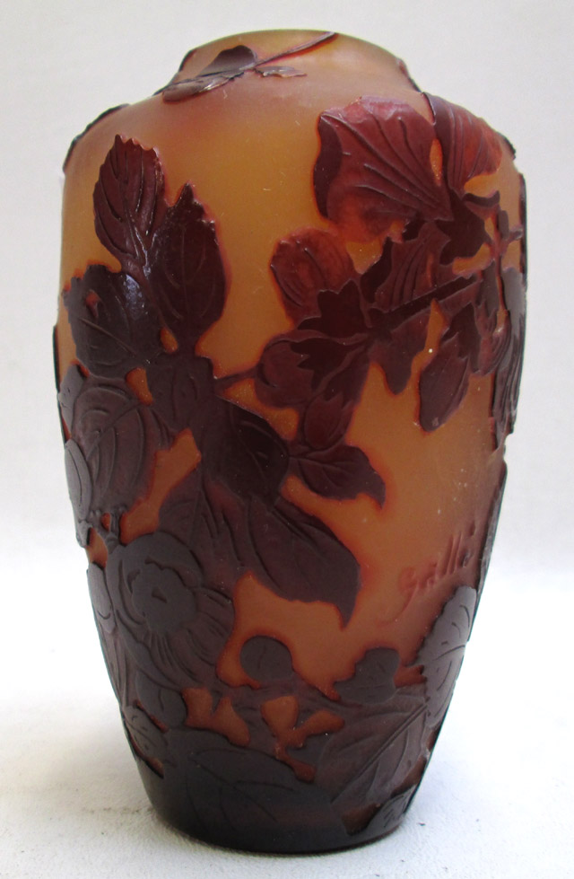 Appraisal: GALLE AMBER CAMEO GLASS VASE having acid etched floral design