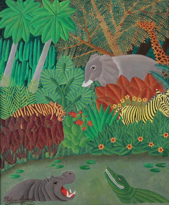 Appraisal: SALNAVE PHILIPE-AUGUSTE Haitian b JUNGLE WITH EXOTIC PLANTS AND ANIMALS