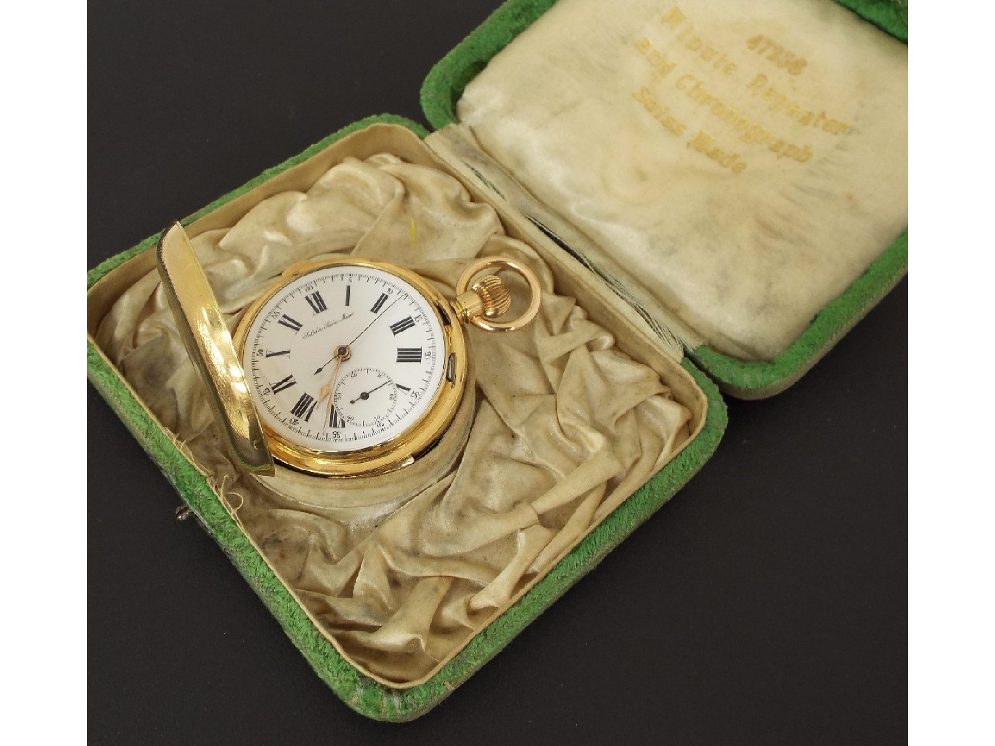 Appraisal: Swiss k chronograph minute repeating hunter pocket watch gilt frosted