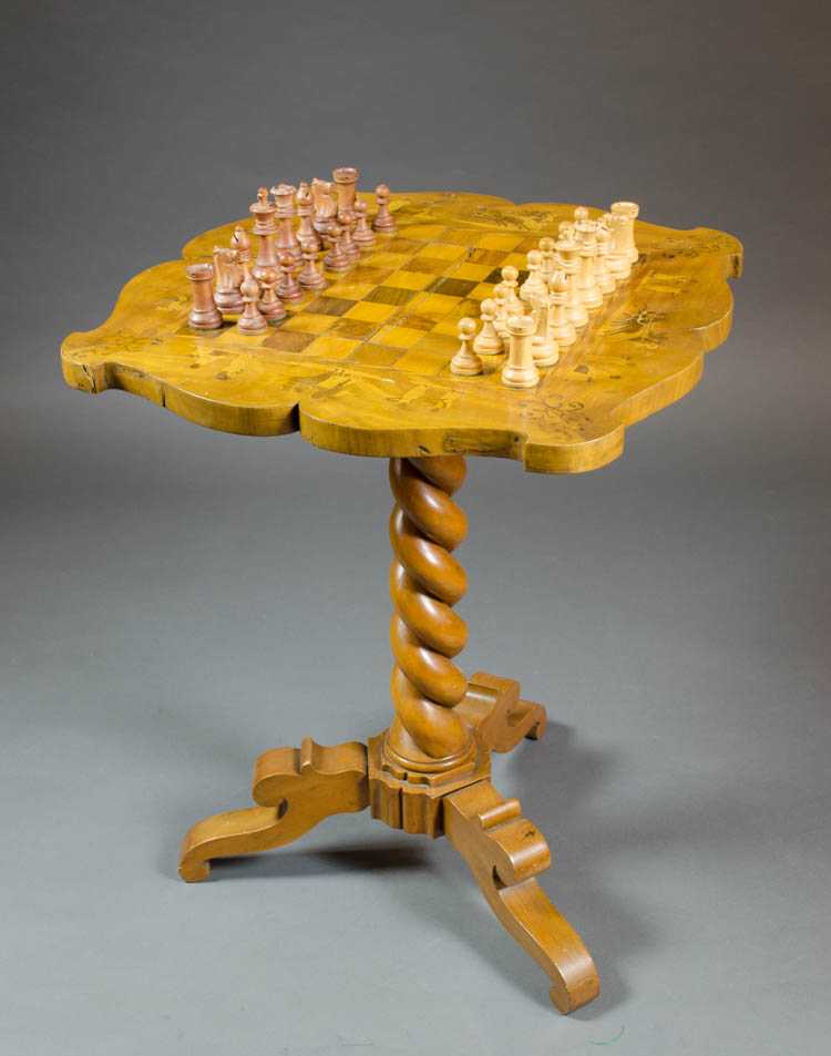 Appraisal: INLAID CHESS TABLE WITH WOOD CHESS SET the top featuring