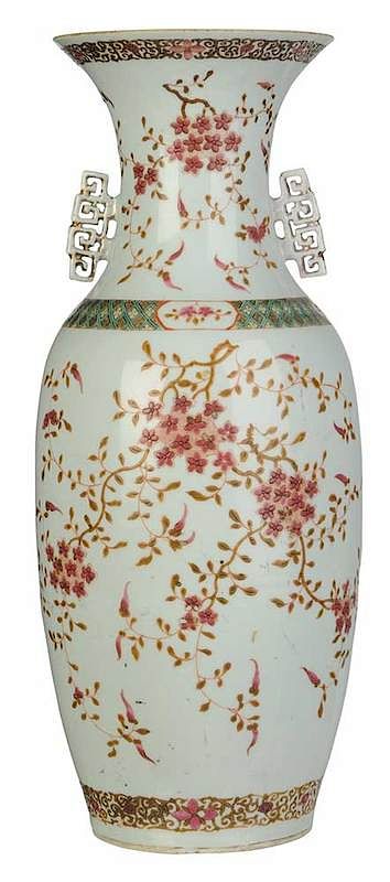 Appraisal: Chinese Enameled Famille Rose Vase Qing dynasty tall slender vase