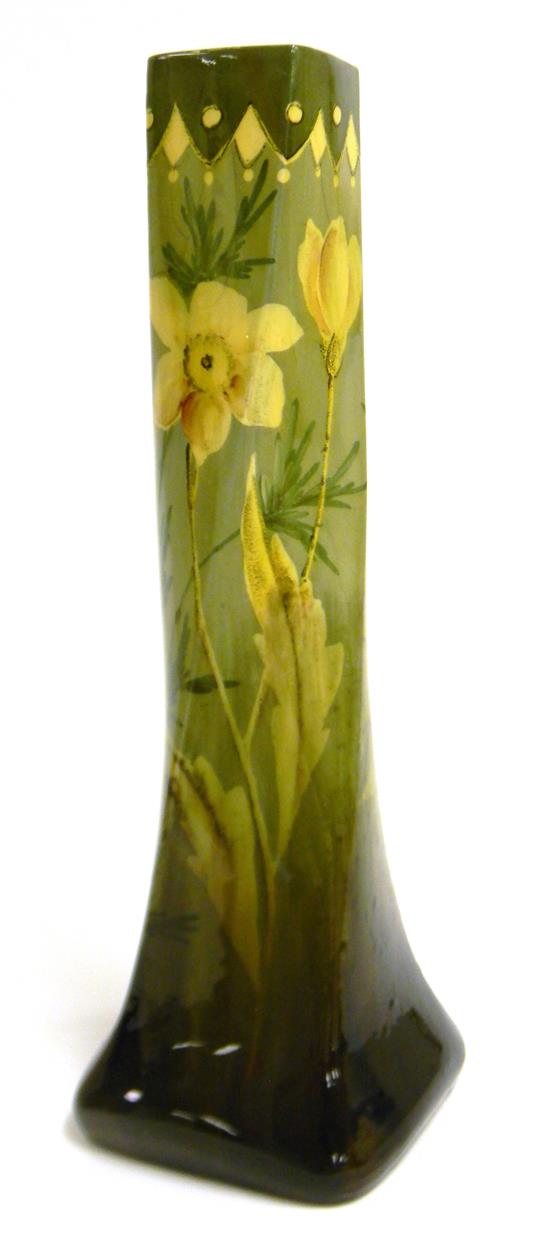 Appraisal: Art pottery tall cylindrical square vase with twisted sides terminating