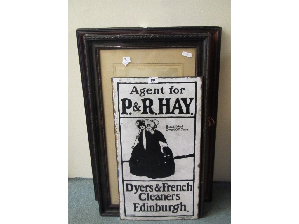 Appraisal: Vintage enamel shop sign and two pairs of prints