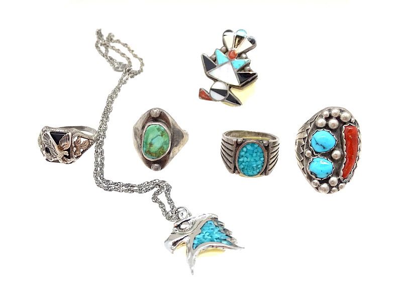 Appraisal: Six Sterling Silver Turquoise Rings And Neckla Six Sterling Silver