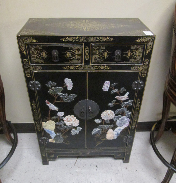 Appraisal: BLACK LACQUERED AND SOAPSTONE DECORATED SIDE CABINET Chinese th century