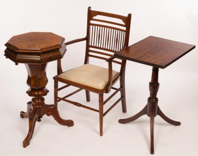 Appraisal: A Victorian octagonal worktable with hinged cover and tapered basket