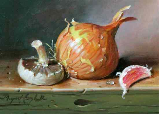 Appraisal: Raymond Campbell - oil on board Onions and mushroom signed