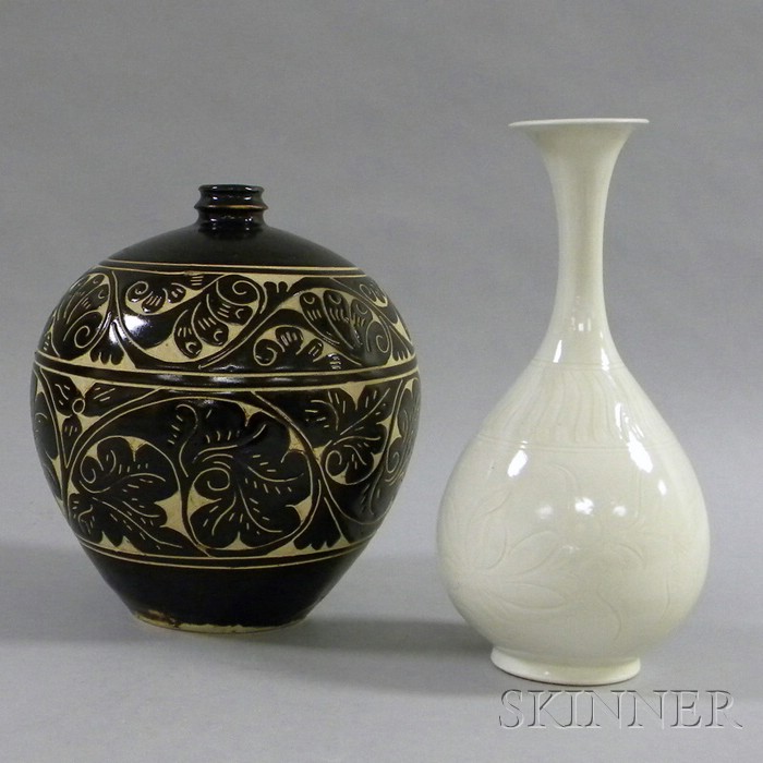 Appraisal: Two Chinese Sung-style Vases a white bottle-form vase and a