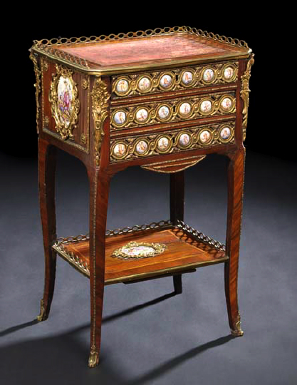 Appraisal: Fine French Gilt-Brass- and Porcelain-Mounted Kingwood Three-Drawer Chairside Table fourth