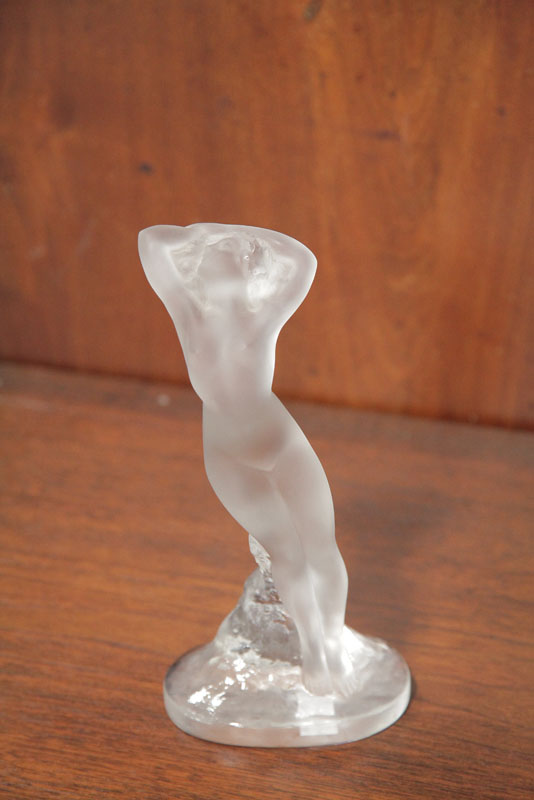 Appraisal: LALIQUE FIGURE Frosted glass nude with both arms behind her