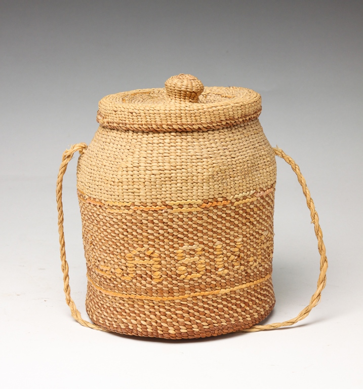 Appraisal: Second quarter th century Woven grass with lid and string