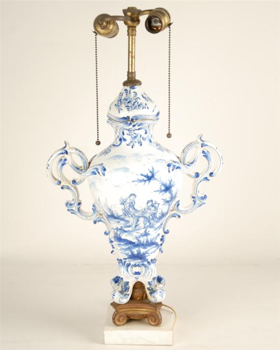 Appraisal: A th C Dutch Delft Covered Jar Mounted as Table