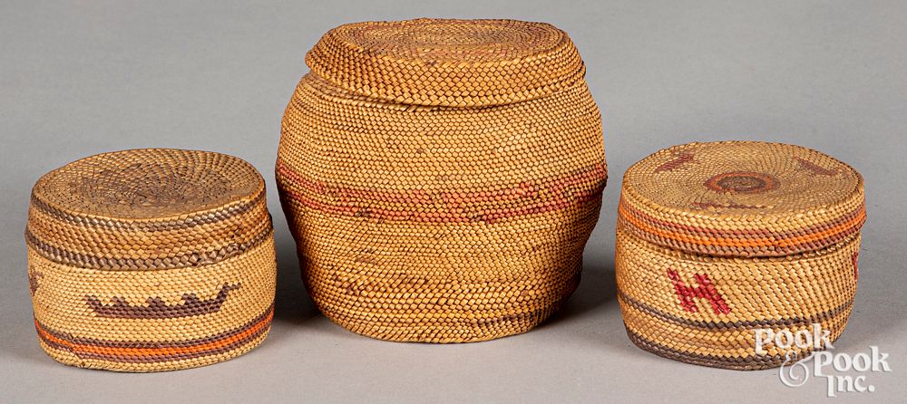 Appraisal: Three Mikah Indian lidded trinket baskets Three Mikah Indian lidded