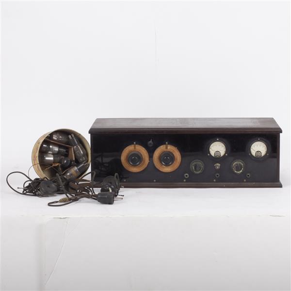 Appraisal: Antique Six Bulb Radio Receiver Equipment with Vintage Headphones Wood