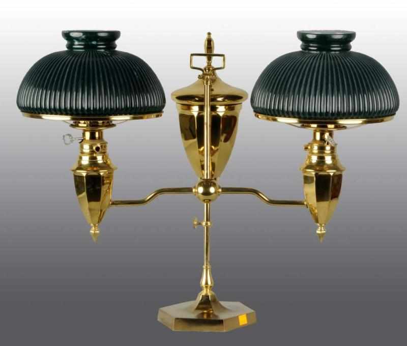 Appraisal: Brass Double Student Lamp Description Circa With large kerosene canister