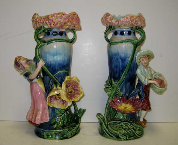 Appraisal: PAIR OF CONTINENTAL MAJOLICA FIGURAL VASES Art Nouveau in form