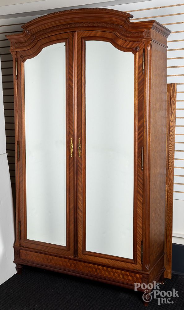 Appraisal: Mahogany and parquetry veneer armoire late th Mahogany and parquetry