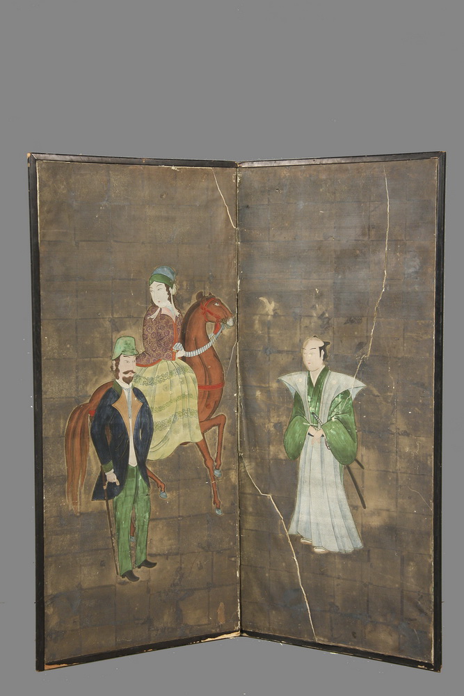 Appraisal: TWO-PANEL JAPANESE PAINTED SCREEN - Portraits of a European couple