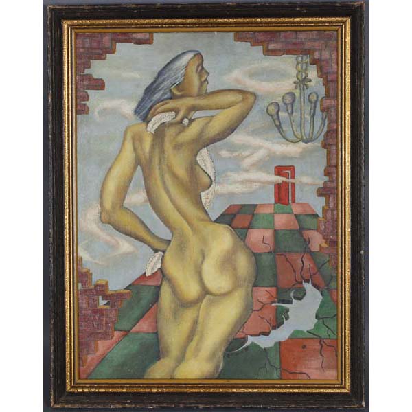 Appraisal: Female nude in surrealist landscape titled 'Red Door' oil on