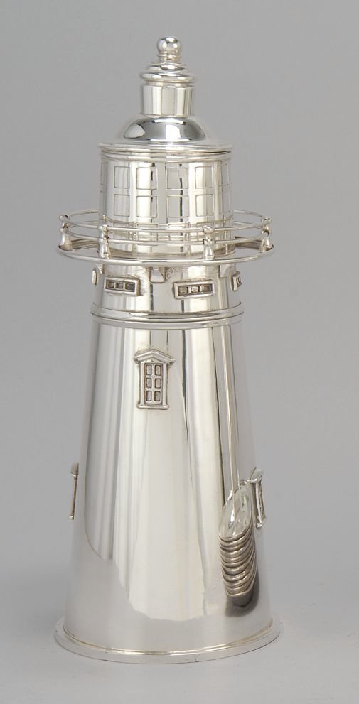 Appraisal: ENGLISH SILVER PLATED LIGHTHOUSE-FORM COCKTAIL SHAKER th CenturyWith removable lid