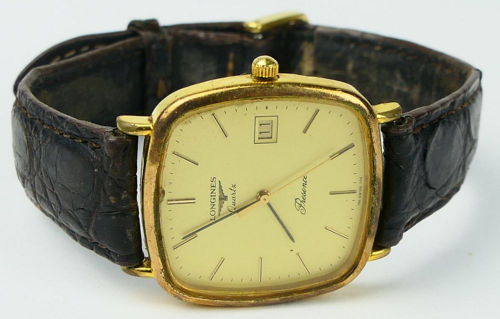 Appraisal: LONGINES GENTS PRESENCE WATCH Serial number tan porcelain face brown