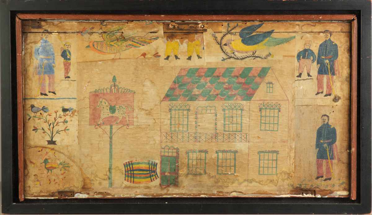 Appraisal: Watercolor Mounted on Blanket Box Lid with soldiers birds house