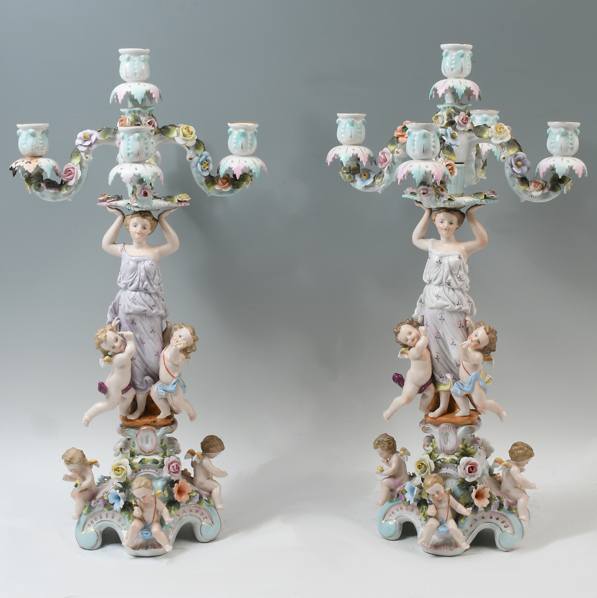 Appraisal: PAIR SITZENDORF PORCELAIN CANDELABRUM Pair of German Sitzendorf porcelain light