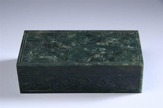 Appraisal: CHINESE SPINACH JADE BOX Decorated with birds and eight flowers