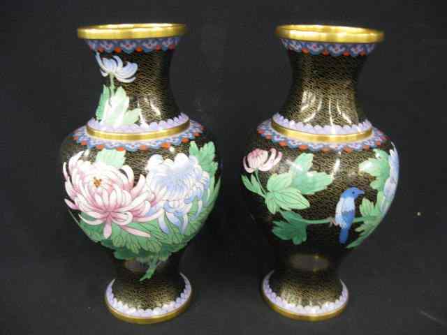 Appraisal: Pair of Chinese Cloisonne Vases chrysanthemums on black background ''