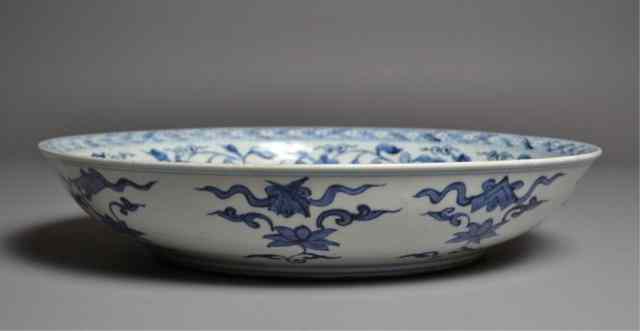 Appraisal: Chinese Blue White Ming Bowl with FiguresLarge blue and white