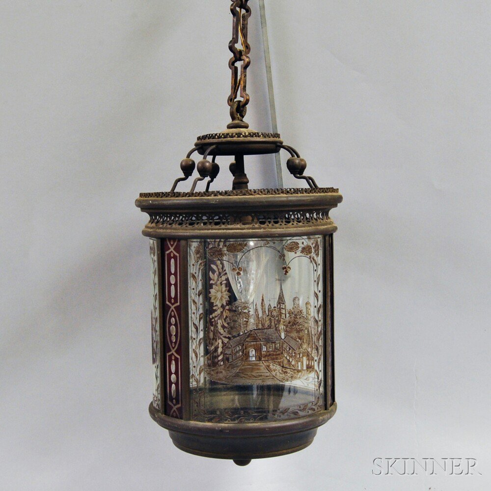 Appraisal: Cast Brass and Etched Glass Hanging Lamp the cylindrical lamp