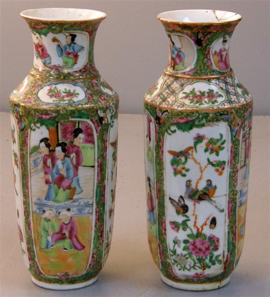 Appraisal: Pair of th century Cantonese vases with repeating cartouches decorated