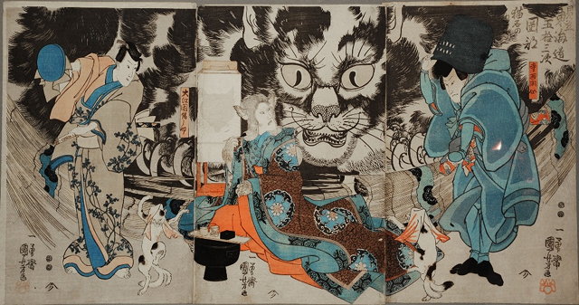 Appraisal: UTAGAWA KUNIYOSHI Japanese - The cat witch of Okabe triptych