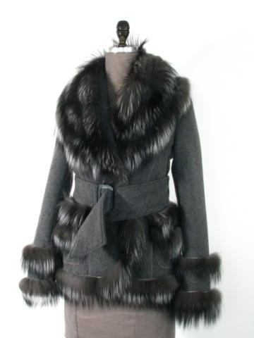 Appraisal: Graphite Cashmere Belted Jacket w Fox Collar ''Artico of Italy''