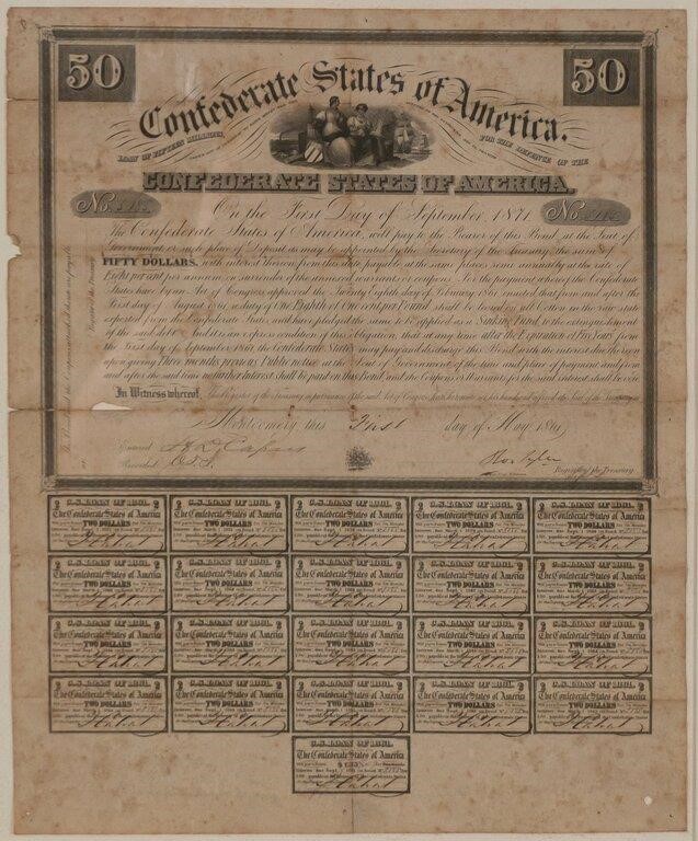 Appraisal: Confederate States of America bond with coupons attached Bond No