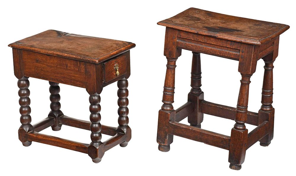 Appraisal: Two Early British Oak Joint Stools th th century comprising