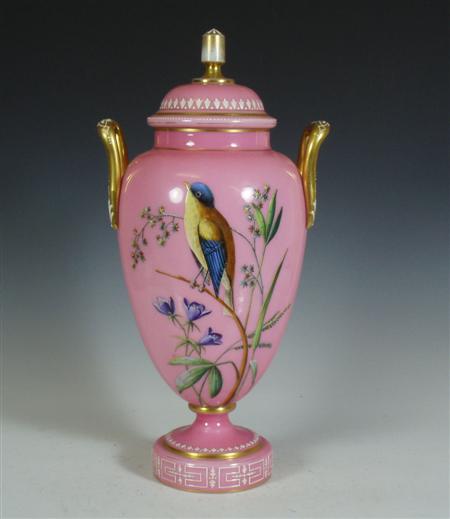 Appraisal: A th century pink opaque painted glass vase and cover